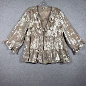 Cato Womens XL Metallic Gold Foil Tiered Ruffle Babydoll Top Blouse Statement